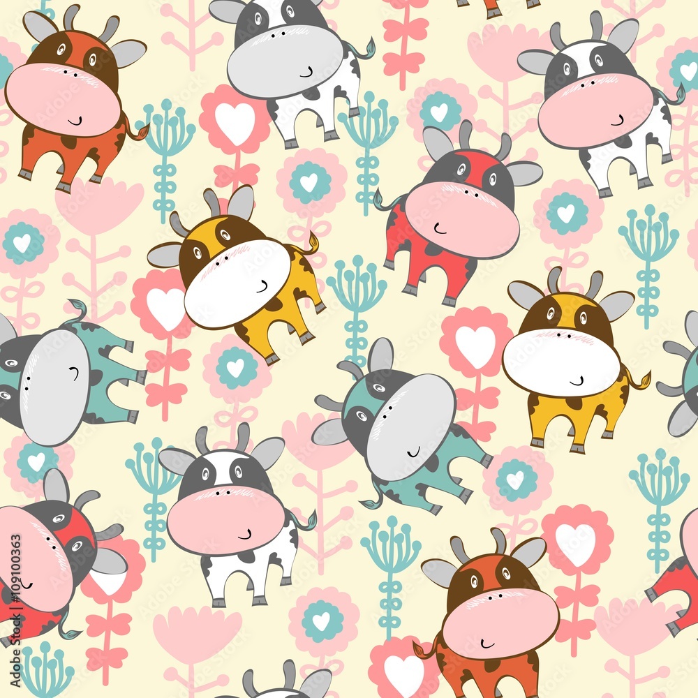 Naklejka premium vector art seamless pattern with cartoon cow.