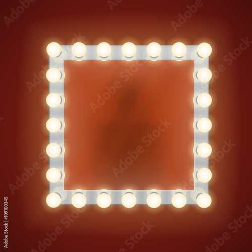 Makeup mirror with electric bulbs.  Vintage mirror frame or retro fashion mirror with bulbs vector illustration