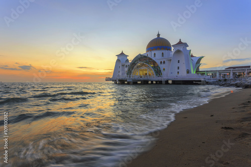 Strait mosque during sunset in Malacca