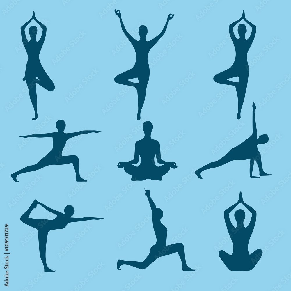 Fototapeta premium Yoga Positions. Silhouettes icons set. Vector illustration