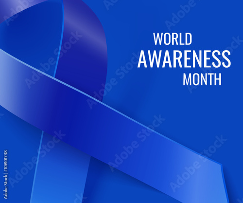 Awareness realistic blue vector ribbon background. World cancer awareness month