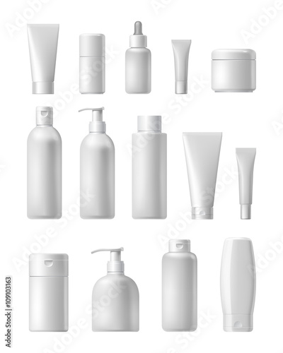 Cosmetic brand template. Vector packaging. Oil, lotion, shampoo. Realistic bottle mock up set. Isolated pack on white background. 