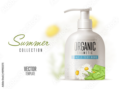 Cosmetic brand concept. Summer collection. Body care with chamomile. Realistic bottle mock up. Isolated pack on white background. Packaging template.