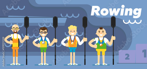 Rowing team costs about the podium with gold, silver and bronze medals with oars in their hands flat vector illustration. The Olympic sport.