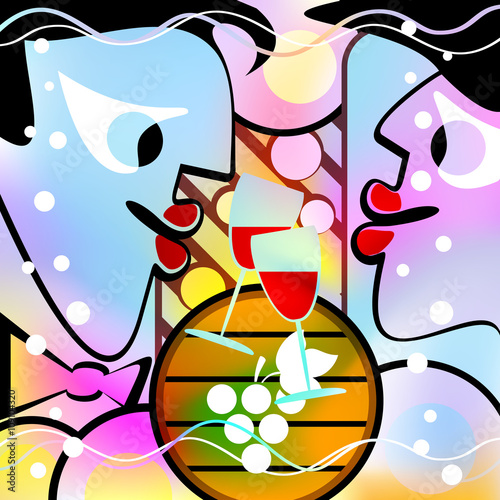 Surreal People and Wine Glasses Form a Abstract Background. Also there is a Wine Cask. Motley Version.