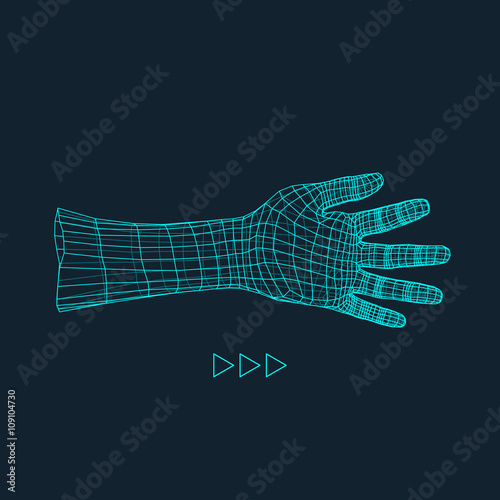 Human Arm. Human Hand Model. Hand Scanning. View of Human Hand. 3D Geometric Design. 3d Covering Skin. Polygonal Design. Can be used for science, technology, medicine, hi-tech, sci-fi.