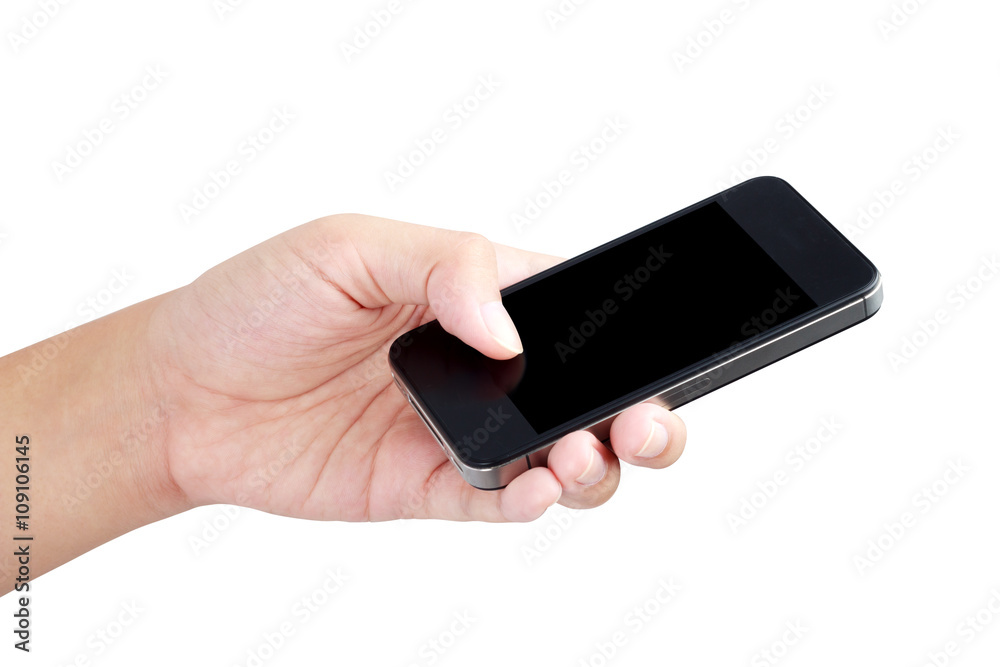 Hand holding phone isolated with clipping path inside Hand holding phone isolated with clipping path inside