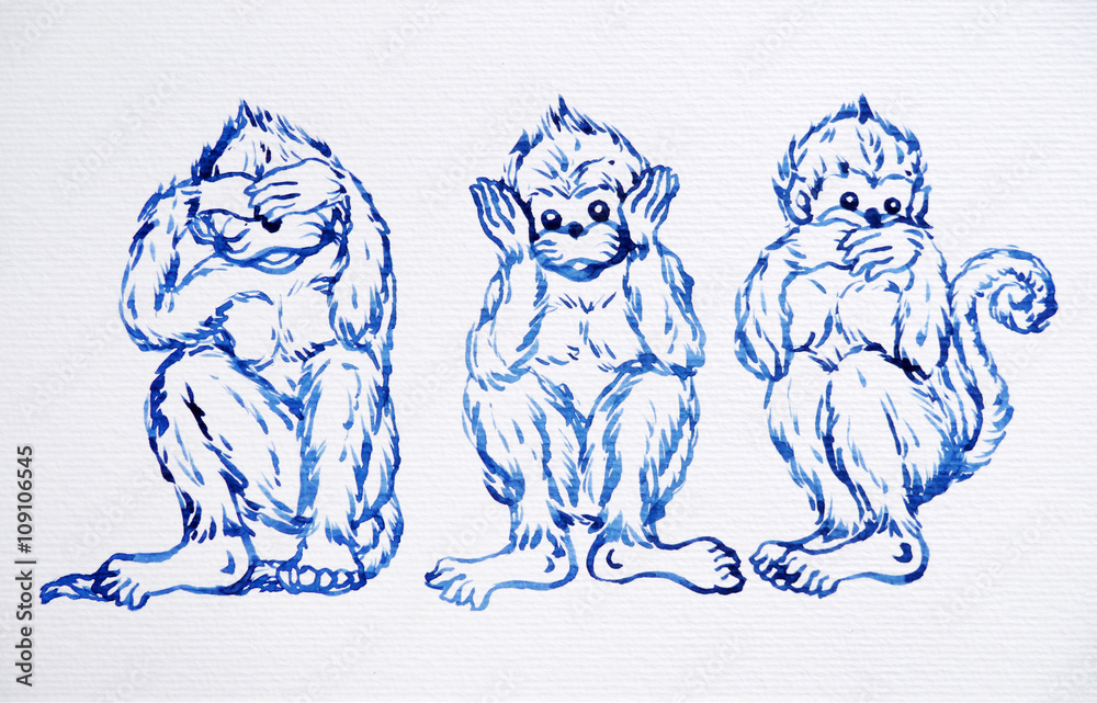 funny 3 monkeys concept, watercolor painting illustration design Stock  Illustration | Adobe Stock