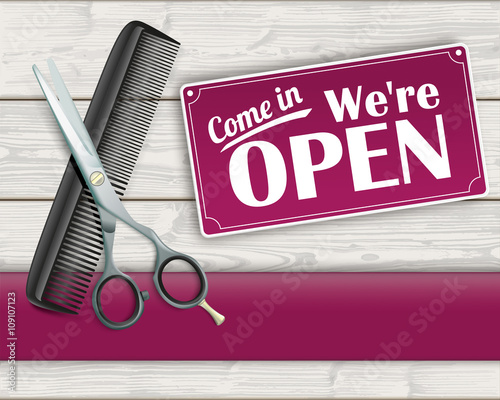 Wood Banner Scissorc Comb Sign Open