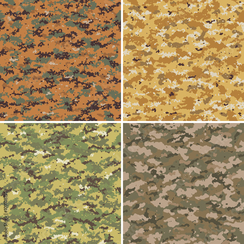 Set of digital and analog seamless camouflage patterns.