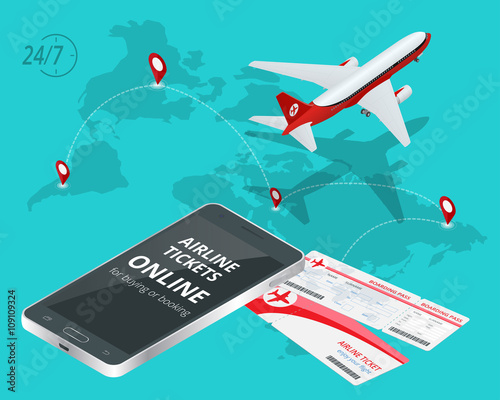 Airline tickets online. Buying or booking Airline tickets. Travel, business flights worldwide. Online app for tickets order. Internation  flights. Flat 3d isometric vector illustration. Boarding pass