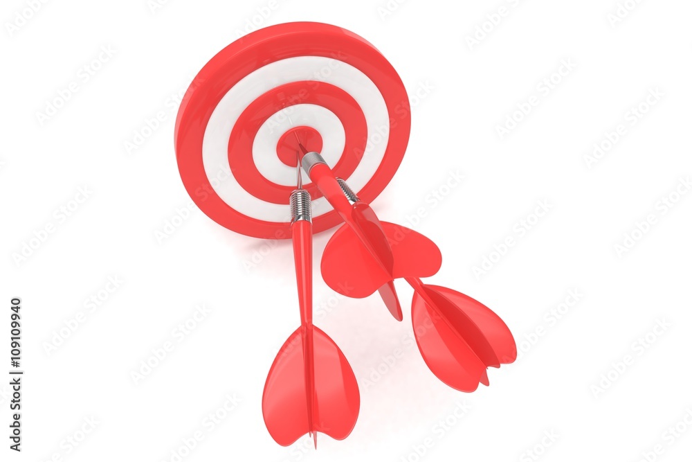 Three arrows darts in center. 3d rendering. Three arrows darts in center. 3d rendering.