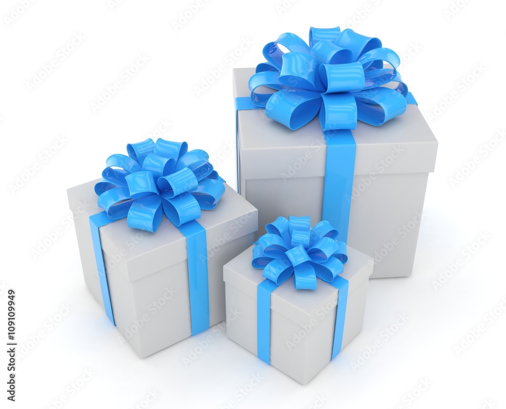 three gift boxes with bows isolated on white. 3d rendering. three gift boxes with bows isolated on white. 3d rendering.