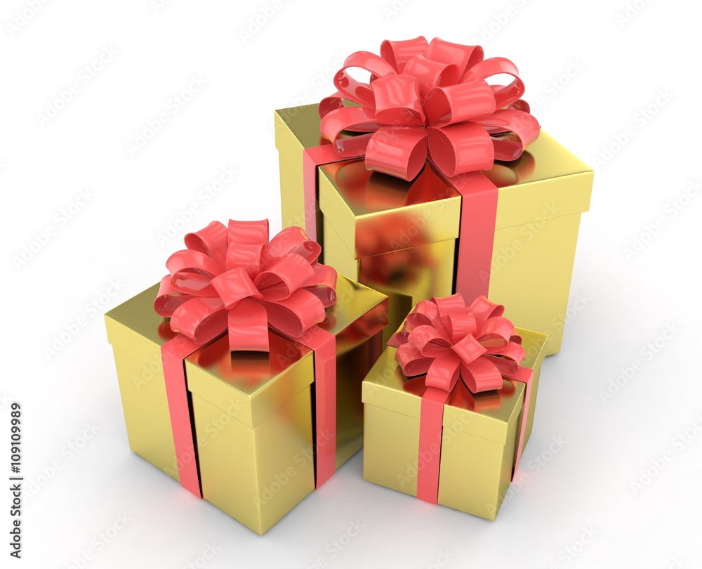 Obraz premium three gift boxes with bows isolated on white. 3d rendering.