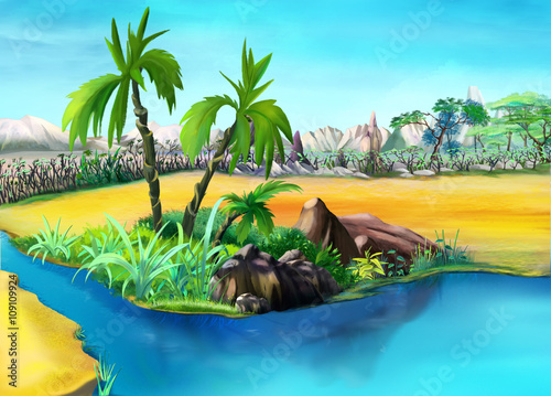 Two Palm Trees in the Desert Oasis. Day.