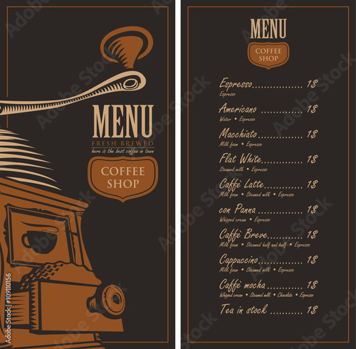 menu for a cafe shop with a picture coffee grinder and a price