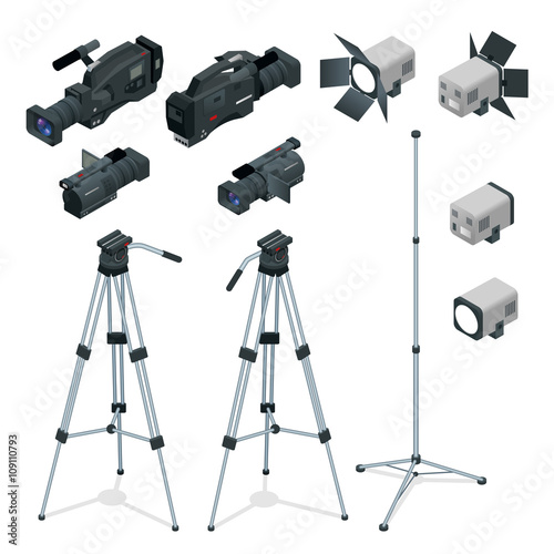 Professional digital video camera set on a tripod. Film lens, television camera. Spotlights realistic transparent. Flat 3d isometric illustration.