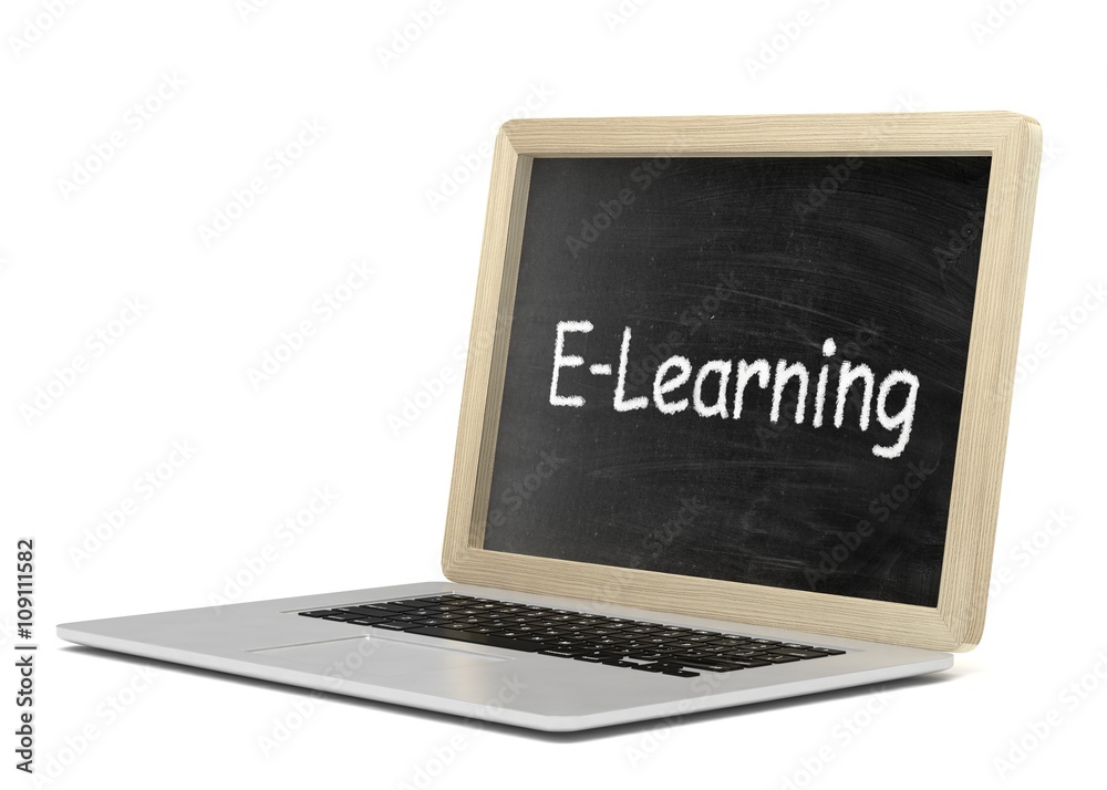 Laptop with chalkboard, e-learning, online education concept. 3d rendering. Laptop with chalkboard, e-learning, online education concept. 3d rendering.