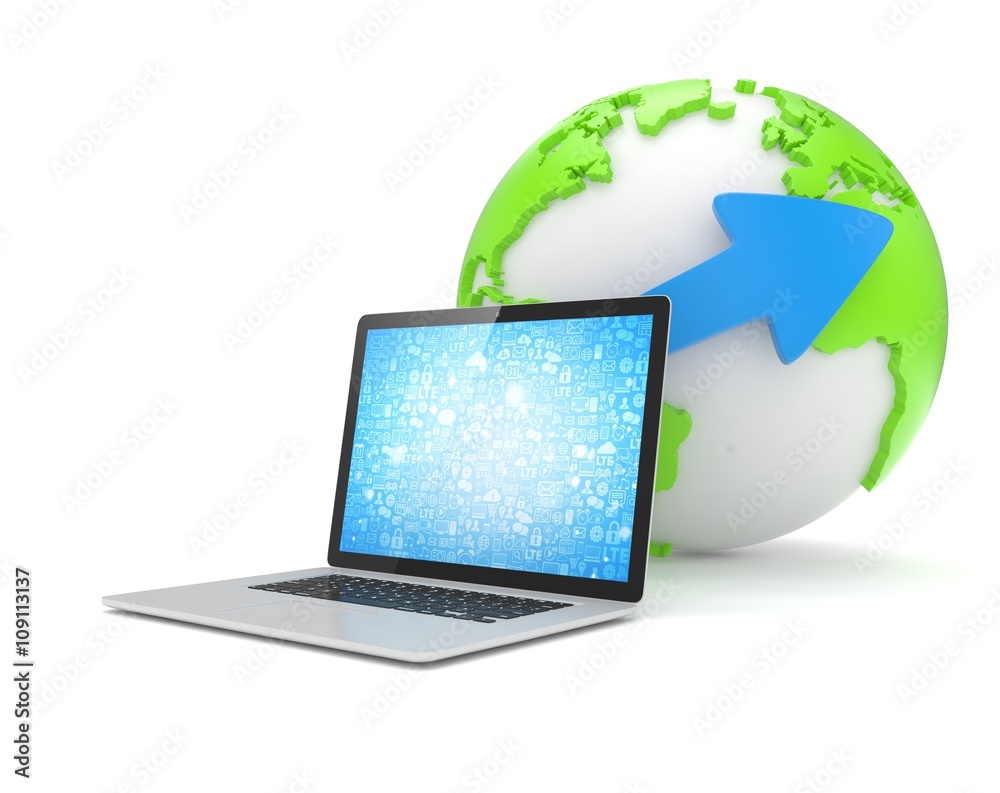 Laptop network and earth globe. 3d render Laptop network and earth globe. 3d render