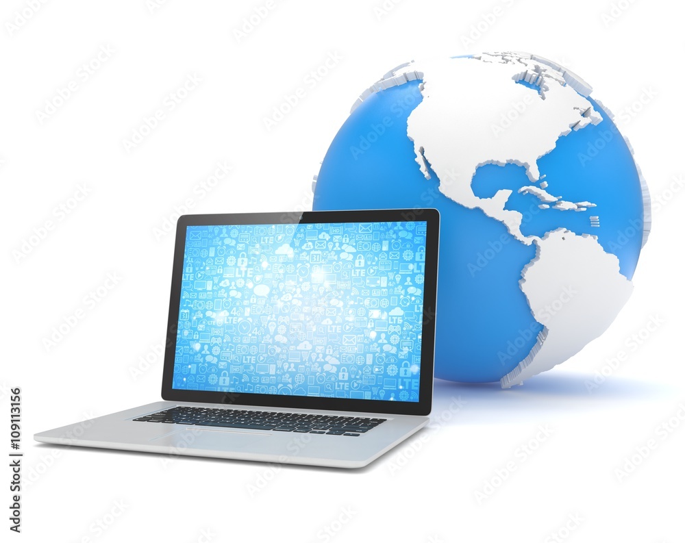 Laptop network and earth globe. 3d render Laptop network and earth globe. 3d render