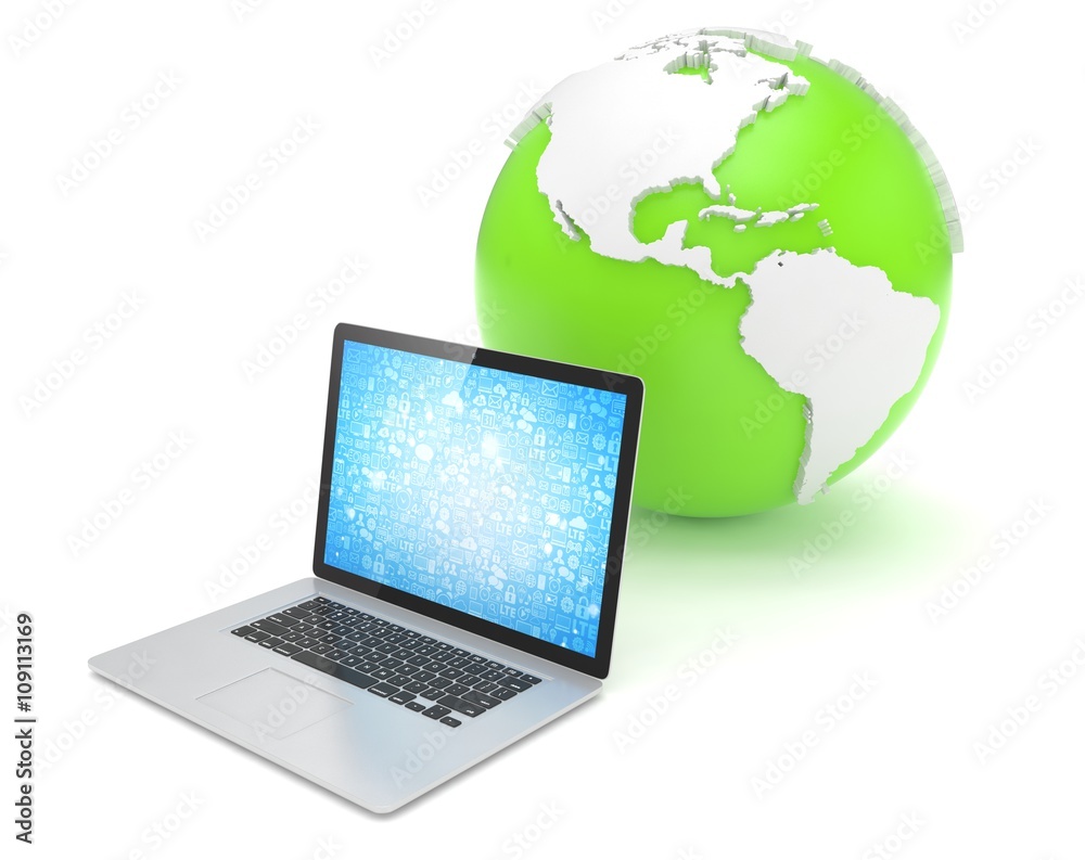 Laptop network and earth globe. 3d render Laptop network and earth globe. 3d render