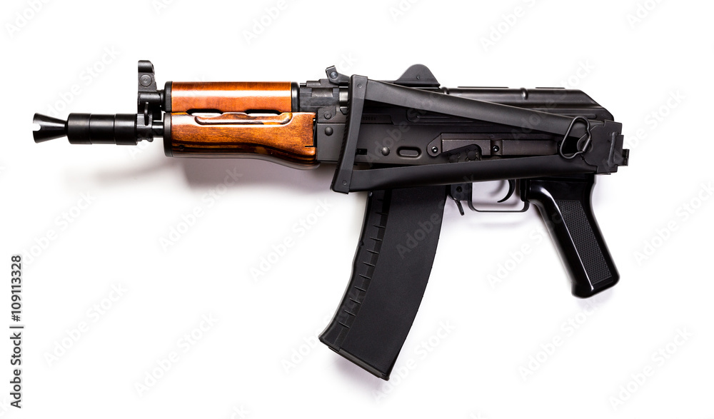 Rare first model AK 47 assault rifle isolated on white StockFoto