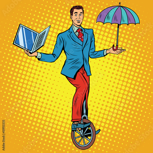 Businessman on unicycle business balance