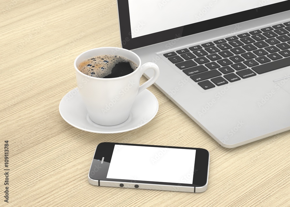 Laptop smartphone and coffee cup on wood. 3d rendering. Laptop smartphone and coffee cup on wood. 3d rendering.