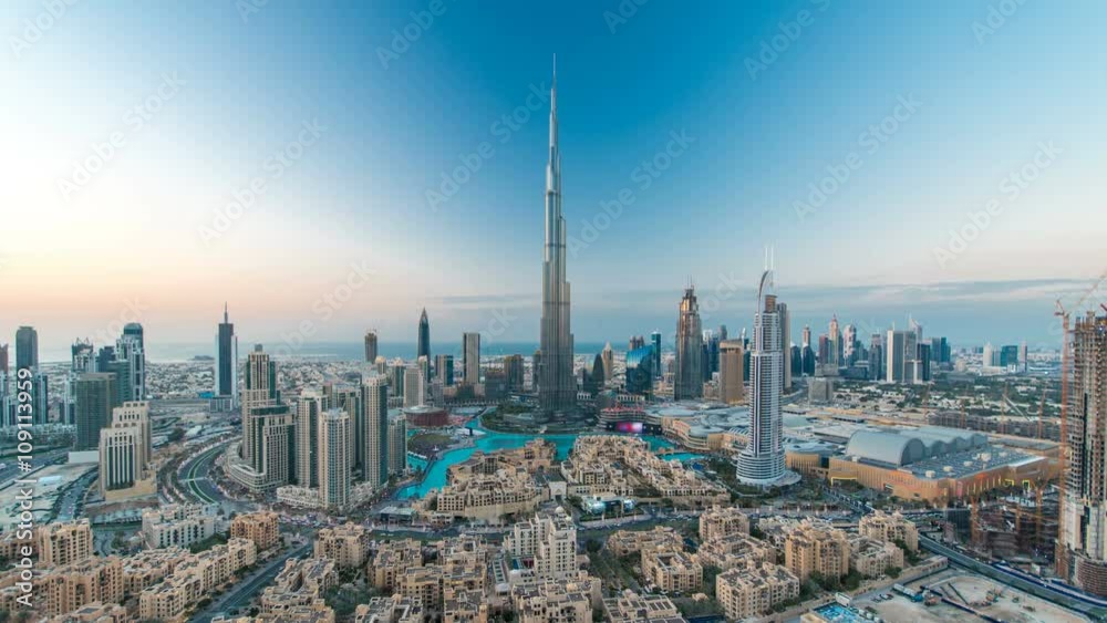 Dubai Downtown day to night timelapse view from the top in Dubai, United Arab Emirates