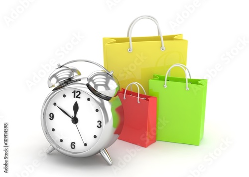 alarm clock and shopping bag (time to buy concept). 3d rendering.