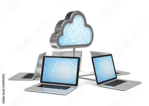 cloud symbol and laptops. 3d rendering.