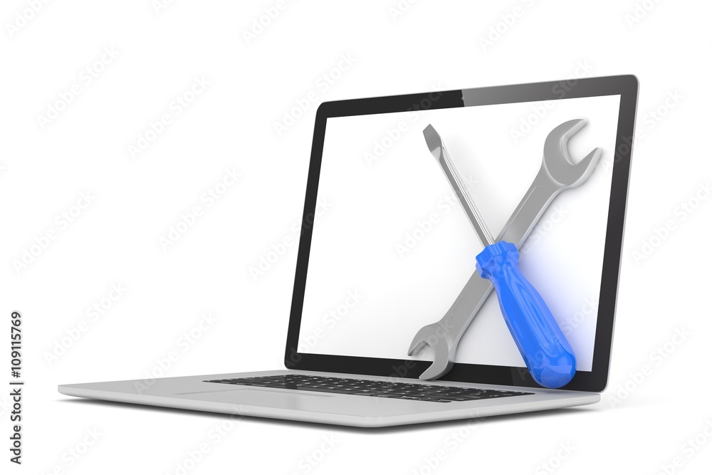 3D Illustration Wrench and screwdriver on laptop, service concept 3D Illustration Wrench and screwdriver on laptop, service concept