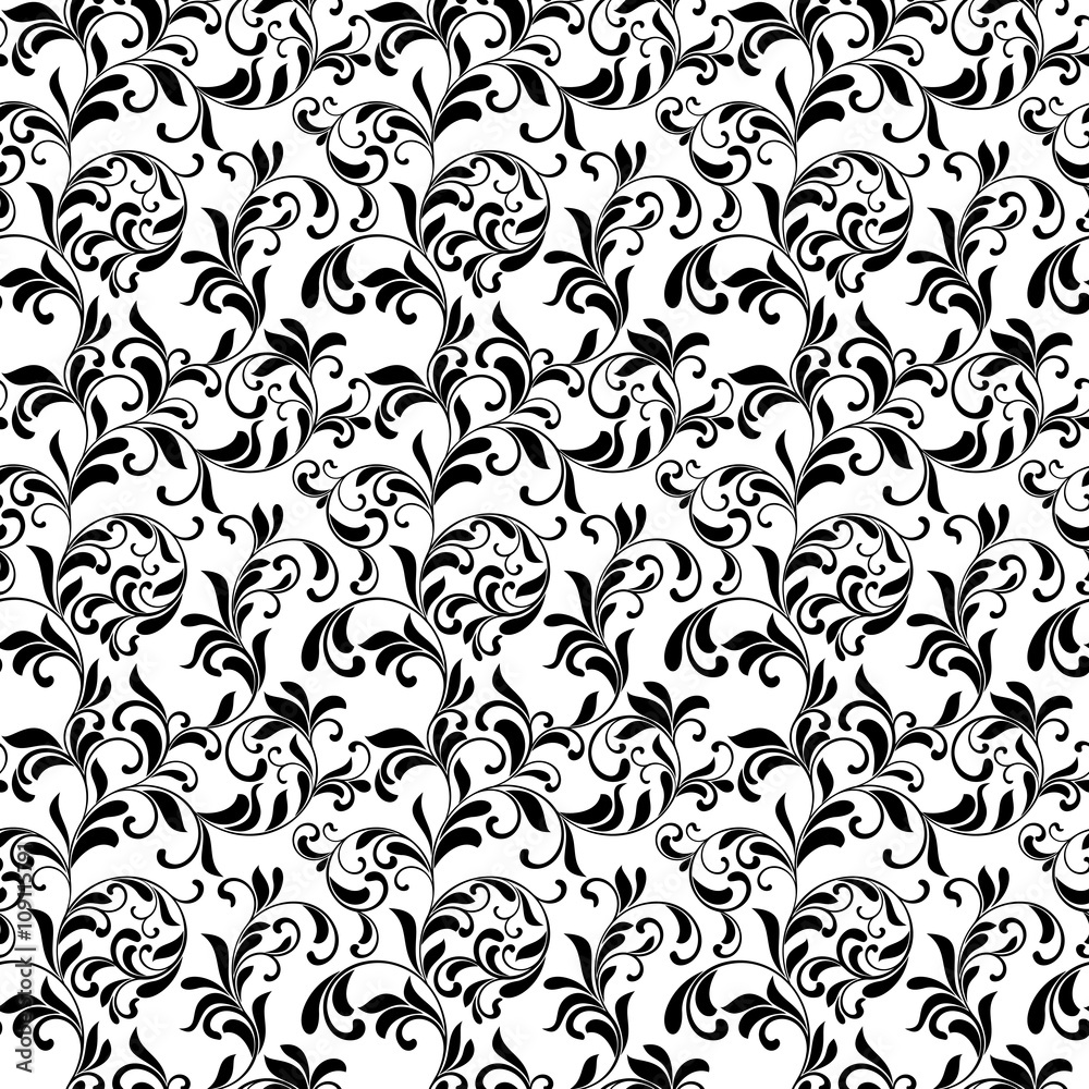 Fototapeta premium Elegant seamless pattern. Tracery of swirls and leaves on a white background. Vintage style