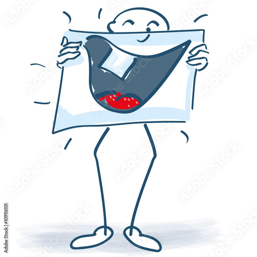 Strichmännchen mit einem Plakat und einem breiten Lachen mit einen Zahn