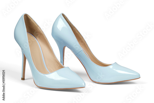 A pair of light blue high heel shoes isolated on white with clipping path.