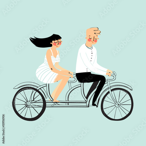 Vector flat design happy young man and woman characters couple riding tandem bicycle isolated