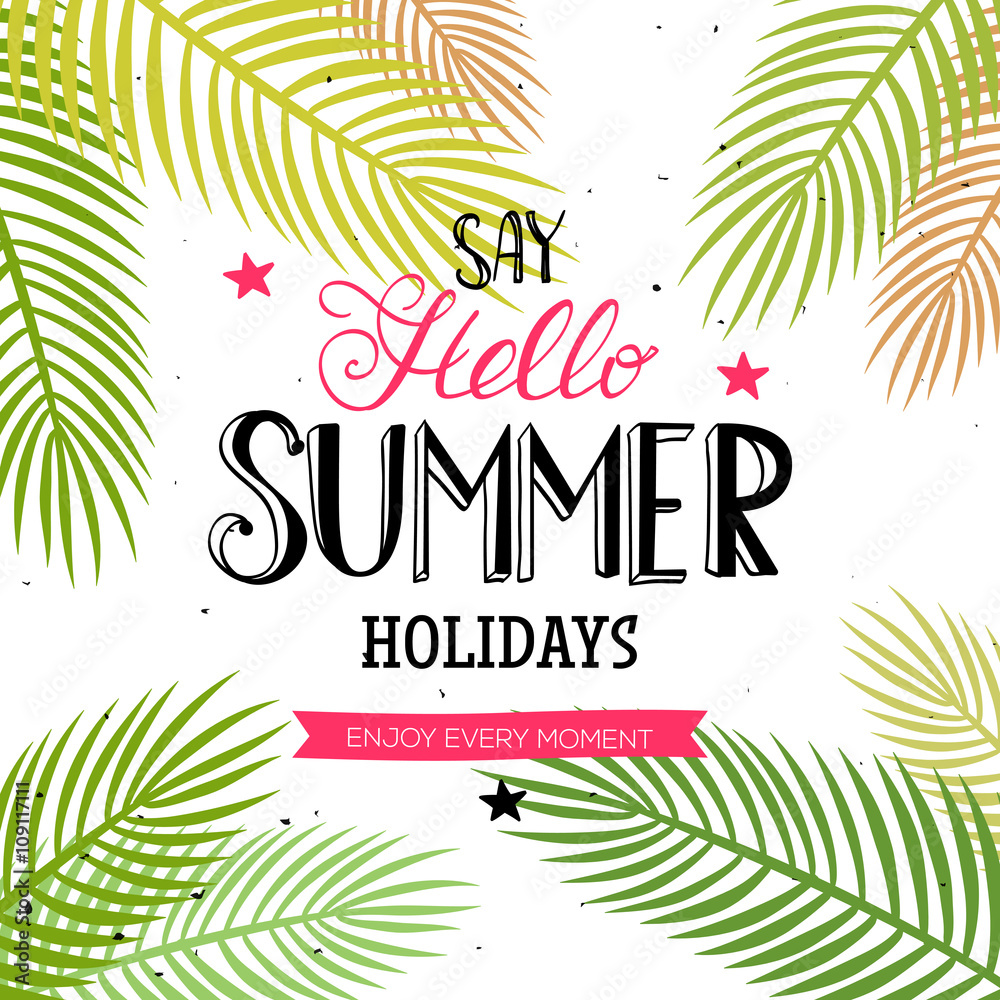 Hello Summer lettering with palm leaves