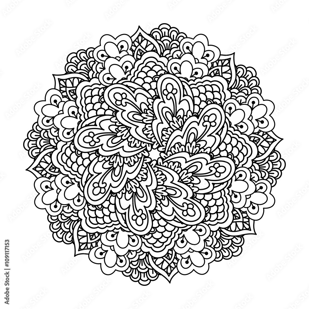 Black and white pattern. Ethnic henna hand drawn background for coloring book, textile or wrapping.