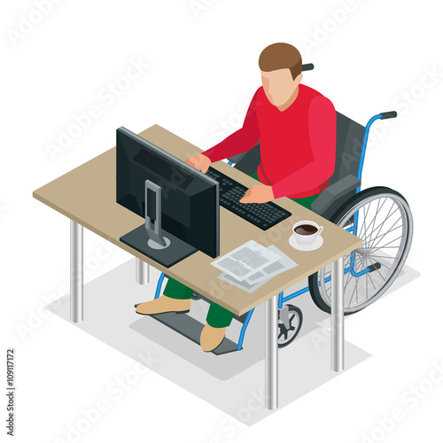 Handicapped man in wheelchair in a office working on a computer. Flat 3d isometric vector illustration.