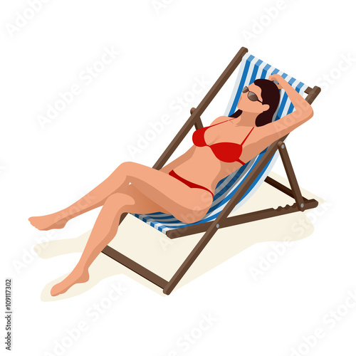 Beautiful woman in white bikini lying on a sun lounger sunbathing in the sunshine.Relaxation holiday, sunbathing and leisure, girl body.  Flat 3d vector isometric illustration