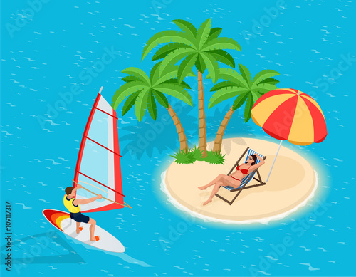 Windsurfer on a board for windsurfing. Creative vacation concept. Water Sports. Windsurfing, Fun in the ocean, Extreme Sport, Windsurfing icon, Windsurfing flat 3d vector isometric illustration.