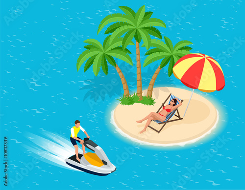 Young Man on Jet Ski, Tropical Ocean. Creative vacation concept. Water Sports.  Fun in the ocean, Extreme Sport, water skiing  flat 3d vector isometric illustration. 