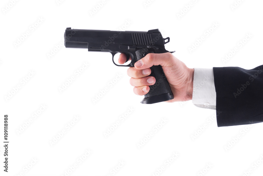 Man holding a pistol on a white background. Man holding a pistol on a white background.
