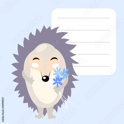 cute cartoon hedgehog with blue flowers and frame for text. Template for school accessories, scrapbook,cards, notebooks, diary, decals.