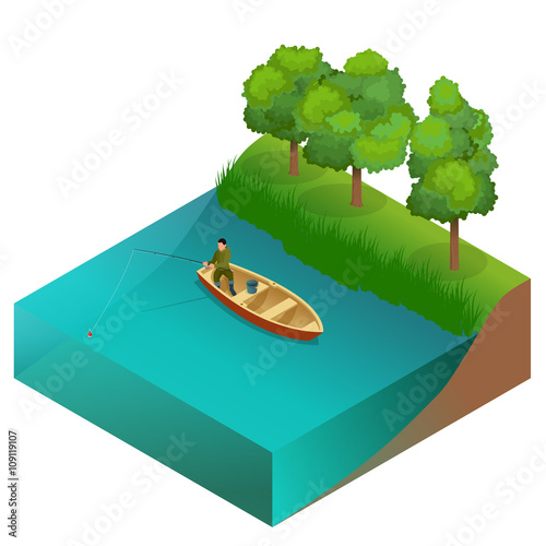 Fishing concept. Man fishing on a lake from the boat. Fisherman with rod. Flat 3d vector isometric illustration. 