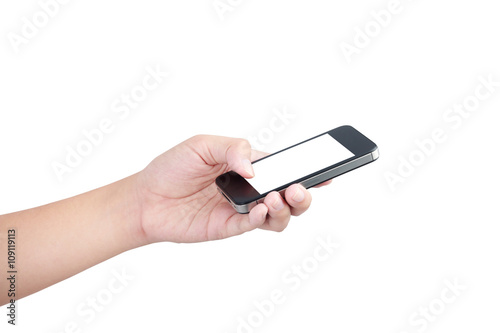 Female hand holding phone isolated with clipping path inside