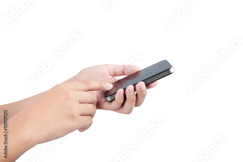 Female hand holding phone isolated with clipping path inside