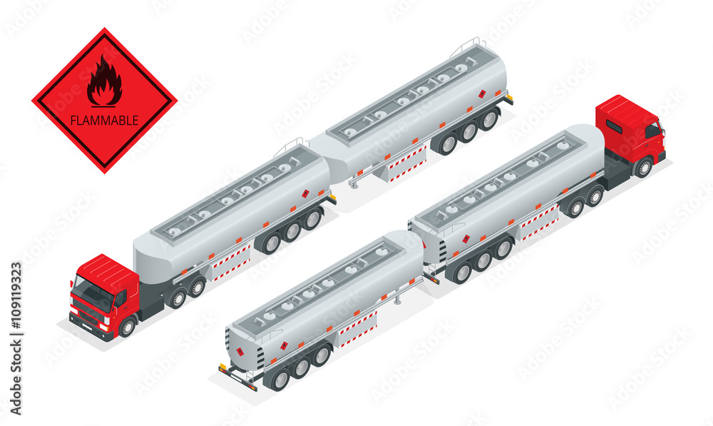 Plakat Fuel gas tanker truck isometric illustration. Truck with fuel vector. Automotive fuel tanker shipping fuel. Oil Truck isometric vector. Fuel tanker truck.