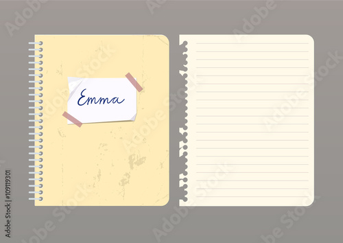 Set of pages notebook with stickers, colored tape, staples. Template for school accessories