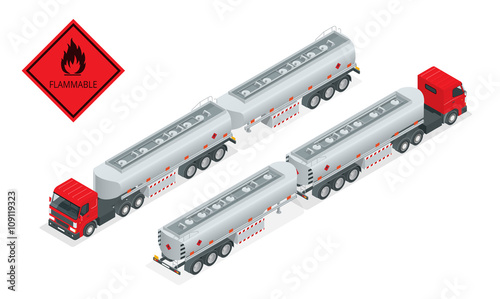 Fuel gas tanker truck isometric illustration. Truck with fuel vector. Automotive fuel tanker shipping fuel. Oil Truck isometric vector. Fuel tanker truck.